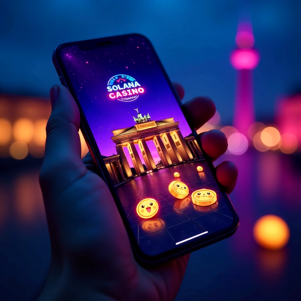 A hand holding a sleek futuristic smartphone displaying the official Solana Casino Germany app with a vibrant purple and cyan interface, background is the Berlin skyline with the Brandenburg Gate and TV Tower at night, 3D Solana logo coins and golden poke